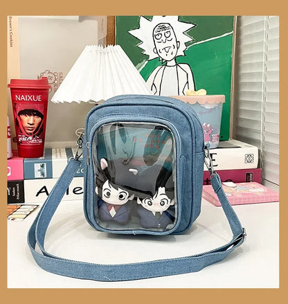 New Denim Ulzzang Ita Bags Female Transparent Badge Doll Show Crossbody Shoulder Bag Individuality Designer 2 Sides Bolso Mujer
