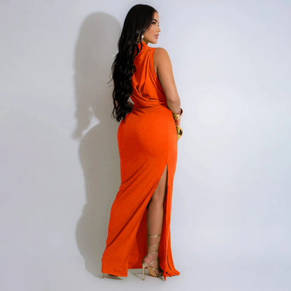 CM.YAYA Women O-neck High Split Ruched Stacked Bodycon Midi Maxi Dress 2024 Evening Party Club Vestidos Sexy Chic Long Dresses