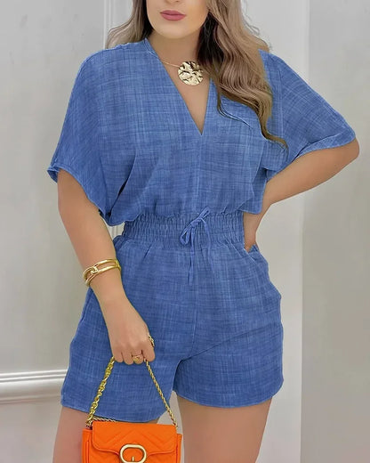 Rompers Elegant Women Short Sleeves Jumpsuits 2024 Summer Female Overalls Loose Casual Print Waist Wrapped One Piece Shorts