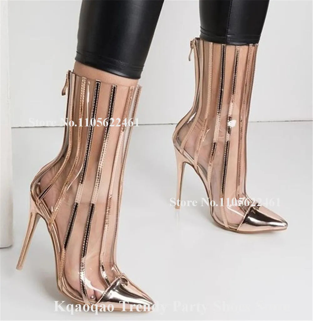 Kqaoqao Red Silver White Stripes Patchwork Stiletto Heel Short Boots Pointed Toe Transparent PVC Thin Heel Ankle Booties