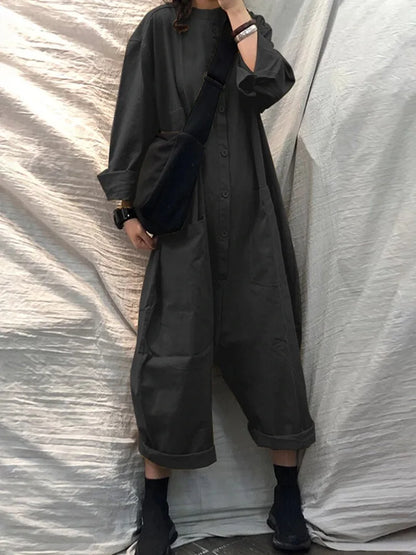Solid Color Casual Loose Pocket Jumpsuit Women New Fall Simple Long Sleeve Shirt Female Vacation Rompers Fashionable Streetwear