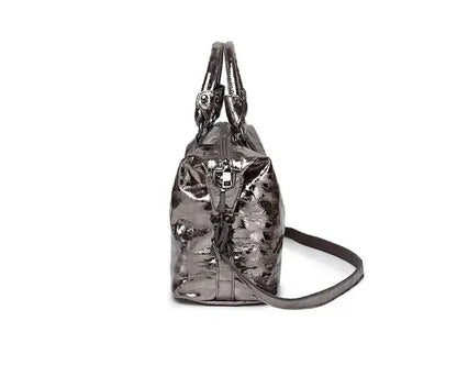 Real Leather Shiny Tote Handbags For Women Fashion Genuine Cowhide Leather Metallic Lady Bags With Shiny Embossed Coating