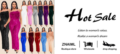 Znaiml New Luxury Sequins Jumpsuit with Colorful Feathers Sleeveless Shiny Dress Women's Evening Birathday One Pieces Rompers