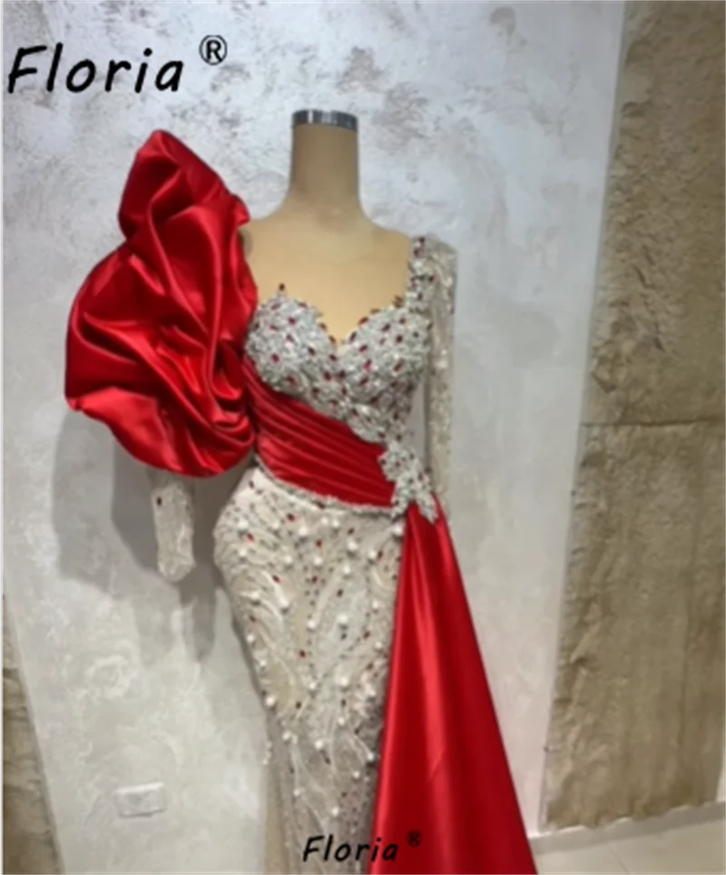 Dubai Red Wedding Dress with Tail Pearl Crystals Beads Mermaid Bridal Gown Puffy Sleeve Formal Party Customized Vestidos noche