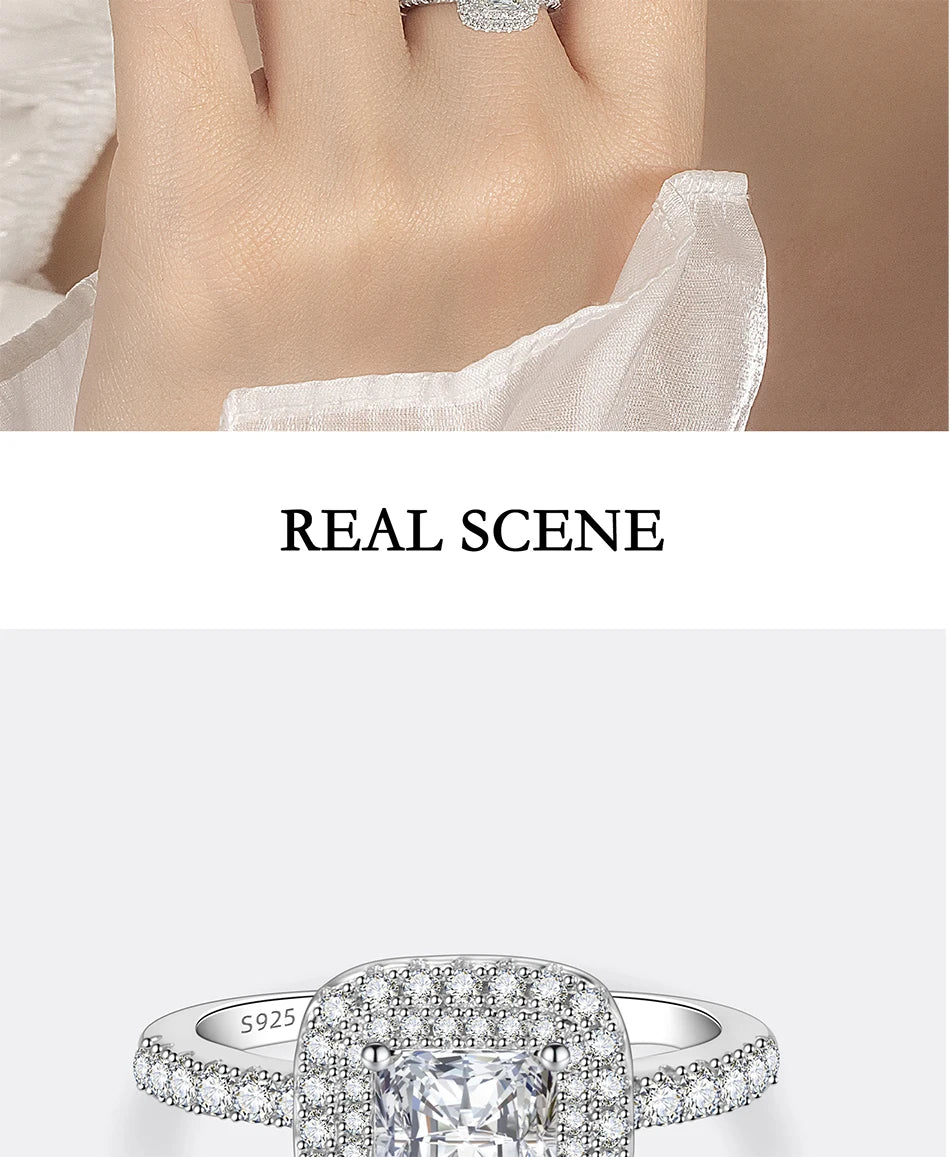 PERFANY 1CT Princess Square Cut Moissanite Ring Women S925 Pure Silver Laboratory Diamond Wedding Fashion Luxury Jewelry