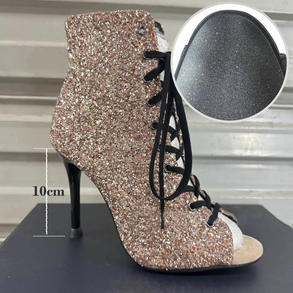 Dance Heels Champagne Black Sparkly Glitter Rubber Sole 10cm Professional High Heel Dance Shoes Salsa Women Dance Party Shoes
