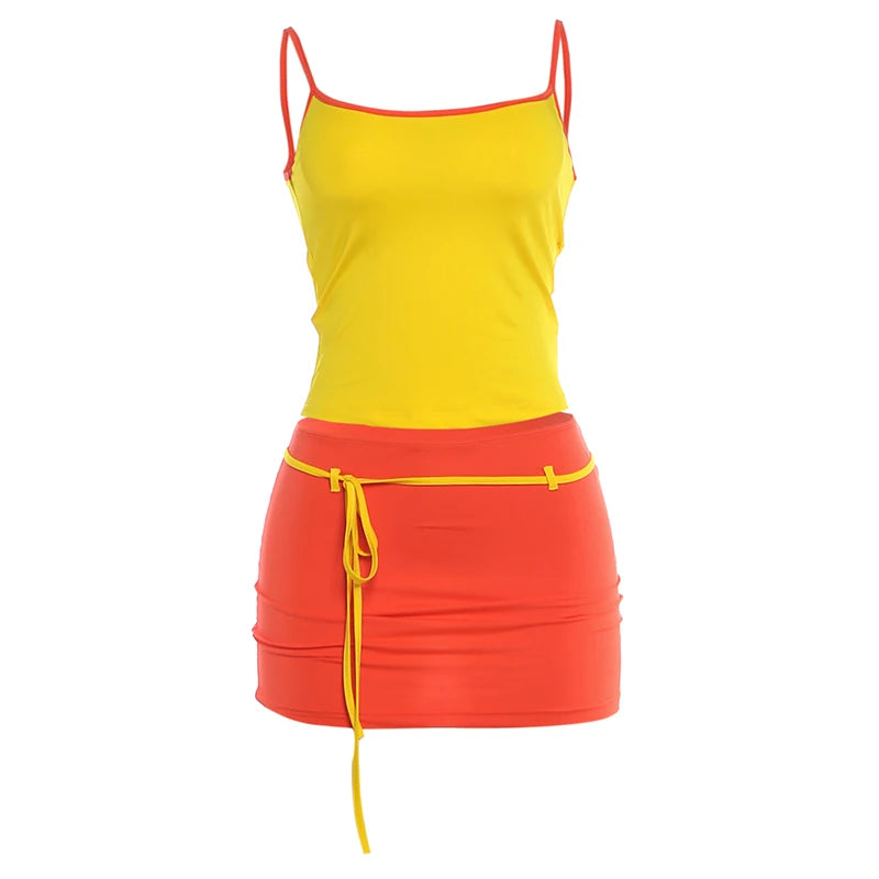 Kliou Contrast Patchwork 2 Piece Set Woman Summer Trend Low-Neck Backless Camisole Tops+Bandage Tassel Mini Skirt Y2K Style Suit