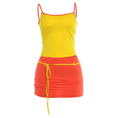 Kliou Contrast Patchwork 2 Piece Set Woman Summer Trend Low-Neck Backless Camisole Tops+Bandage Tassel Mini Skirt Y2K Style Suit