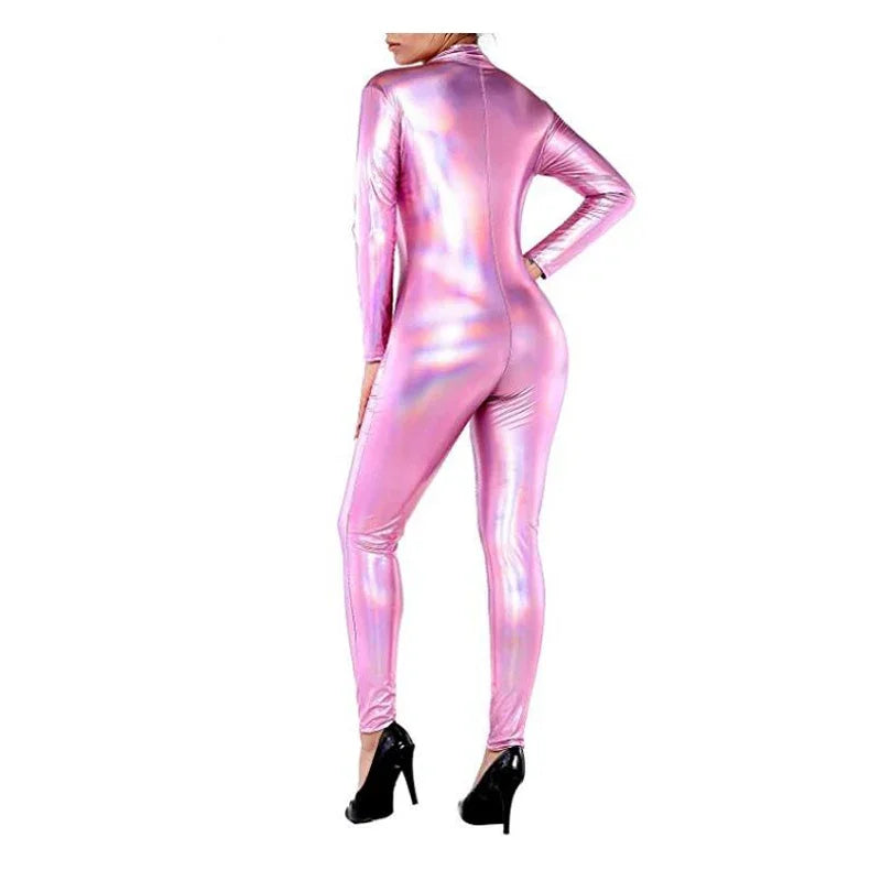 Plus Size Bodycon Party Romper Shiny Laser Holographic Front Zipper Long Sleeve Jumpsuits High Street Sissy Stretchy Bodysuit