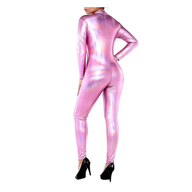 Plus Size Bodycon Party Romper Shiny Laser Holographic Front Zipper Long Sleeve Jumpsuits High Street Sissy Stretchy Bodysuit