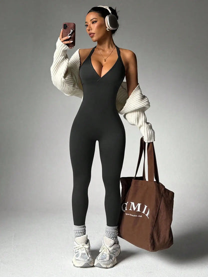 Solid Color High Elasticity Sports Overhead Sleeveless Backless Yoga Compression Leggings