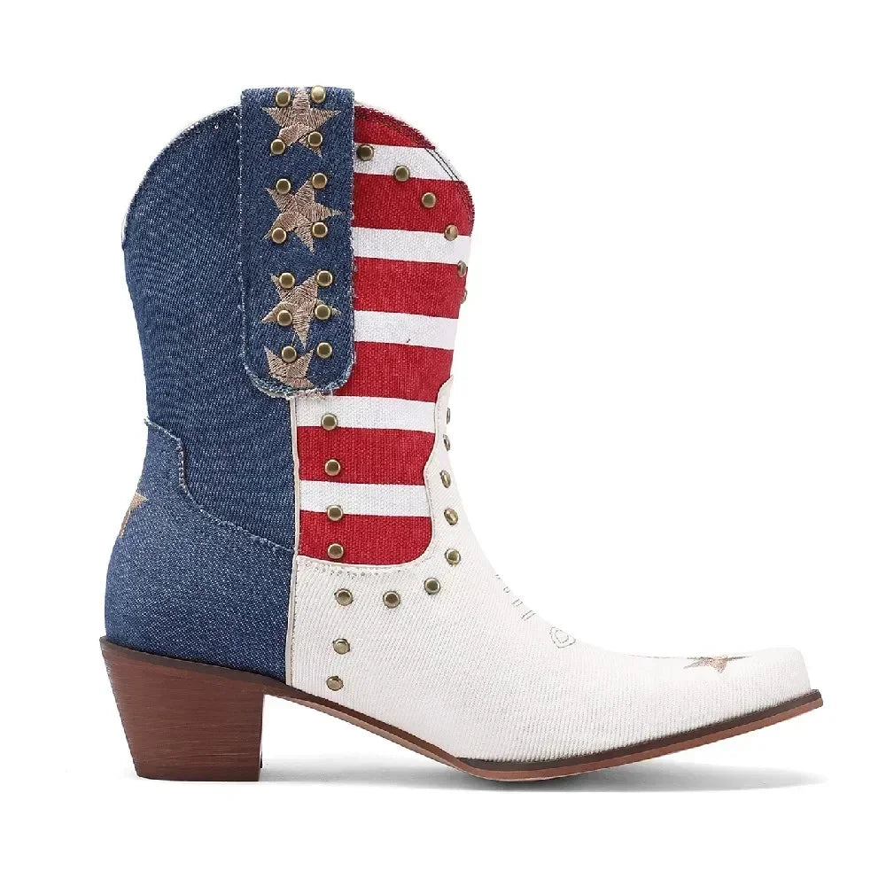 Western Women Cowboy Ankle Boots Denim Embroidery Star Rivet Warped Pointed Toe High Heels American Cowgirl Vintage Short Boots