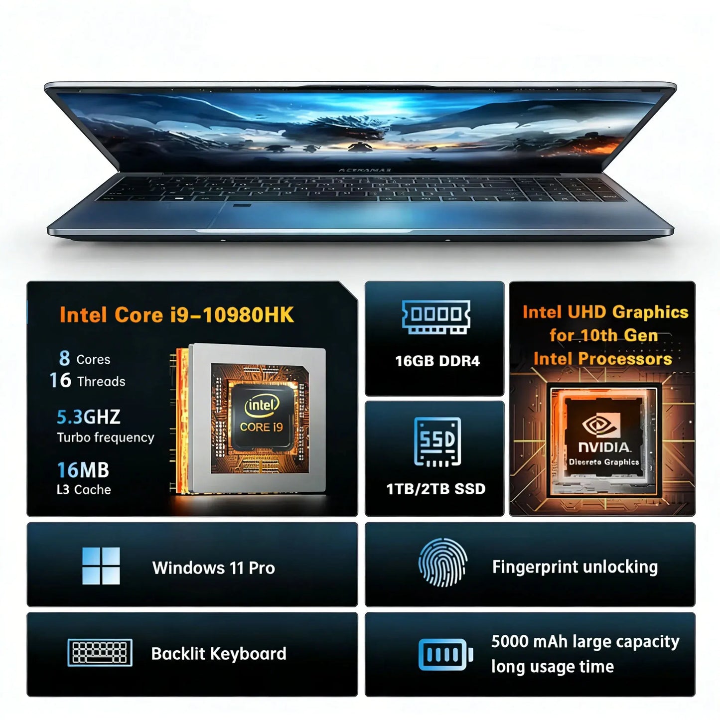 2026 Intel Core I9-10980HK Laptop 15.6 inch Win11 Pro 16GB RAM 1TB 2TB SSD Fingerprint Unlock Office Business Gaming Notebook