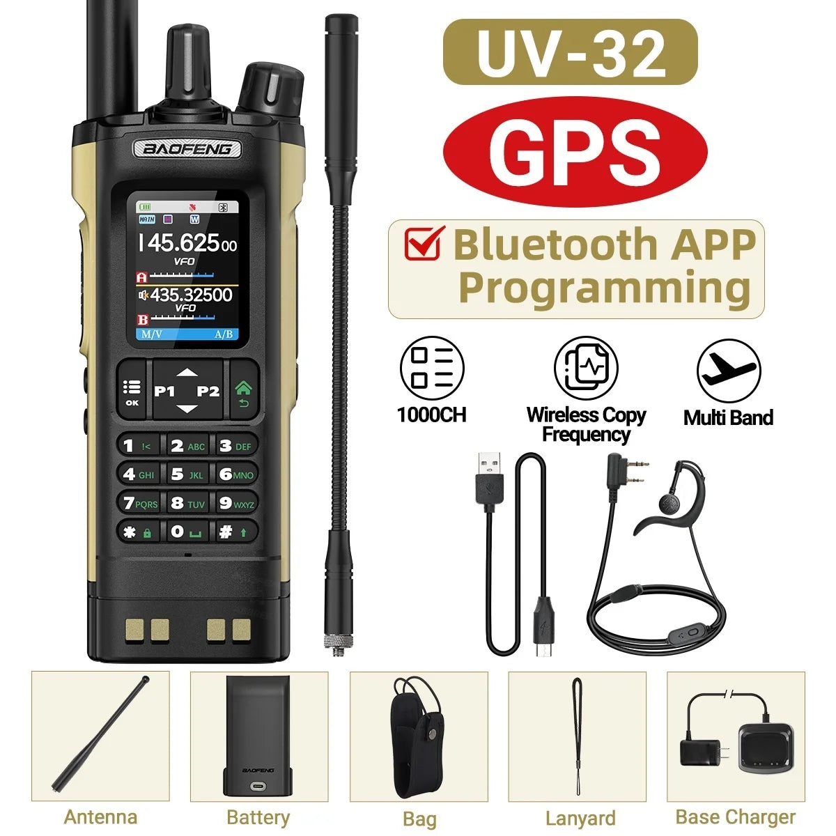 Baofeng UV-32 Walkie Talkie GPS 10W High Tri Power Bluetooth Wireless Programming UHF VHF Scrambler Type C Charge Two Way Radio