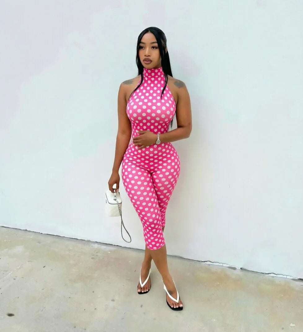European and American New Style Women's Clothing Spring and Summer Polka Dot Print Elastic Halter Neck Backless Slim Fit Jumpsuit Women's Jumpsuit