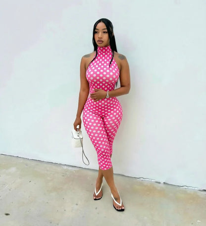 European and American New Style Women's Clothing Spring and Summer Polka Dot Print Elastic Halter Neck Backless Slim Fit Jumpsuit Women's Jumpsuit
