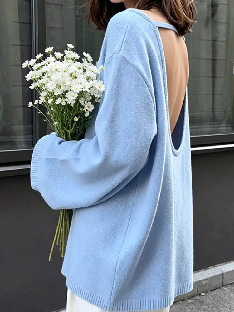 Casual Knitted Sweater Round Neck Open Back Long Sleeves Loose Pullover 2026 Autumn Fashion Daily Versatile Cardigan Top Outfit