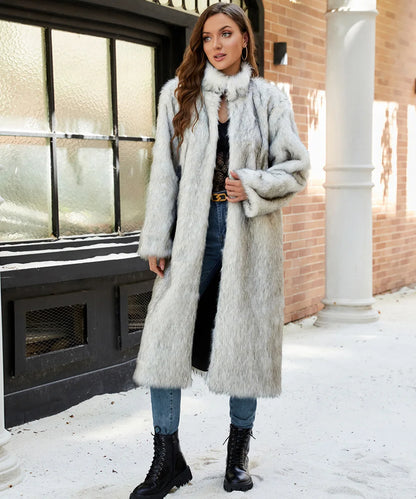 2026 Winter Stand Collar Faux Fur Long Coat Women Elegant Long Sleeve Fluffy Plush Jacket Lady Casual Thick Warm Furry Outwear