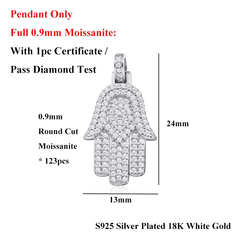 EWYA Hamsa Hand Full 0.9mm Moissanite Pendant Necklace for Woman Men 925 Silver Pass Diamond Test Hip Hop Fine Neck Jewelry Gift