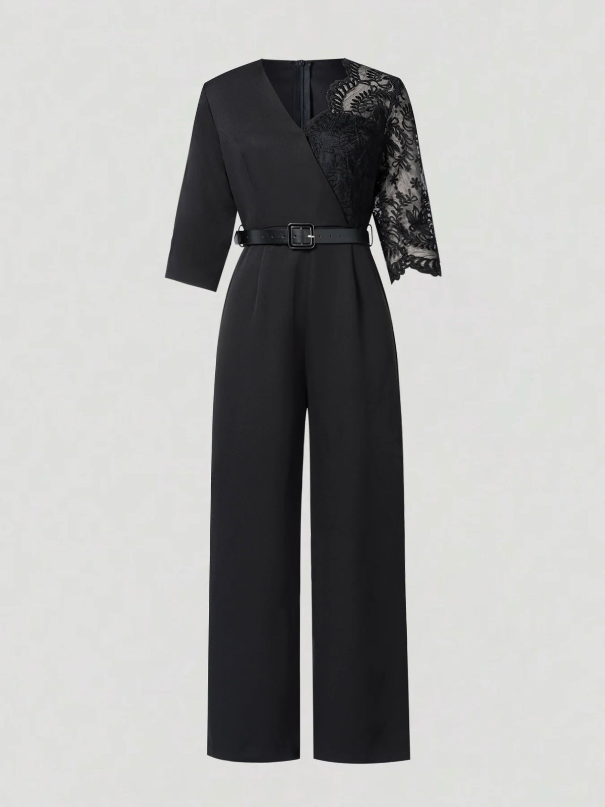 Women V Neck Lace Patchwork 3/4 Sleeve Jumpsuit With Belt High Waist Wide Leg Formal Evening Party Long Romper