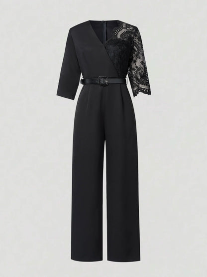 Women V Neck Lace Patchwork 3/4 Sleeve Jumpsuit With Belt High Waist Wide Leg Formal Evening Party Long Romper