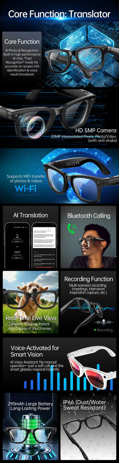 AI Smart Glasses with 8MP Camera Video Recording 100+ Languages Translation Sunglasses Bluetooth Call Music Play Men Women 2026