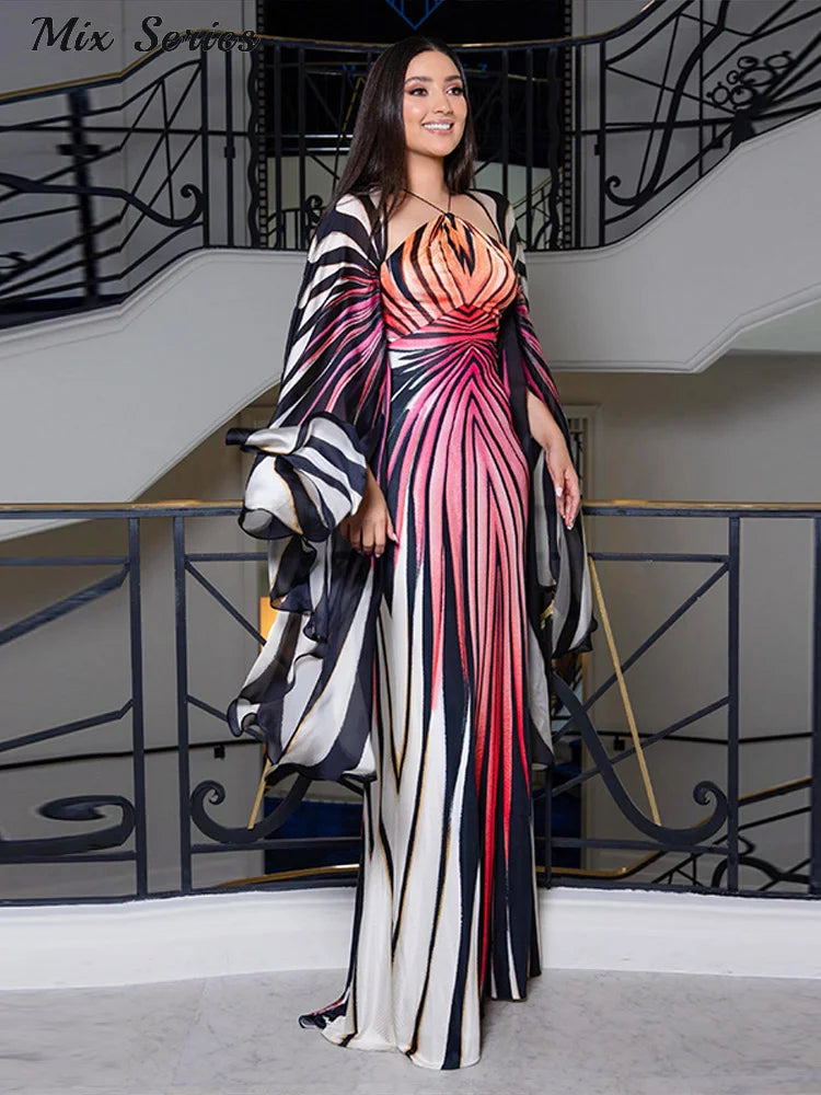 Chic Gradient Stripe Halter Dress Women Butterfly Sleeve Backless Slim Floor-length Dresses 2026 New Lady Party Evening Gown ﻿