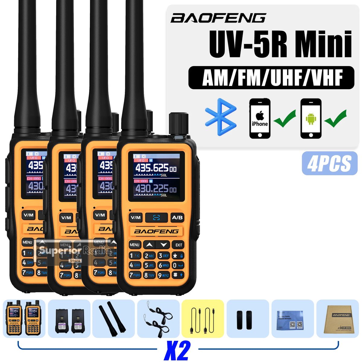 Baofeng UV-5R Mini Two Way Radio Orange BF-5R Mini Walkie Talkie Bluetooth Power Adjustable Tiny Size 1/2/4PCS Frequency Copy 5W
