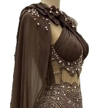 Chocolate Mermaid Evening Dresses With Cape Luxury Crystal Beaded Prom Gown 3D Floral Formal Party Wedding Guest Pageant Dress