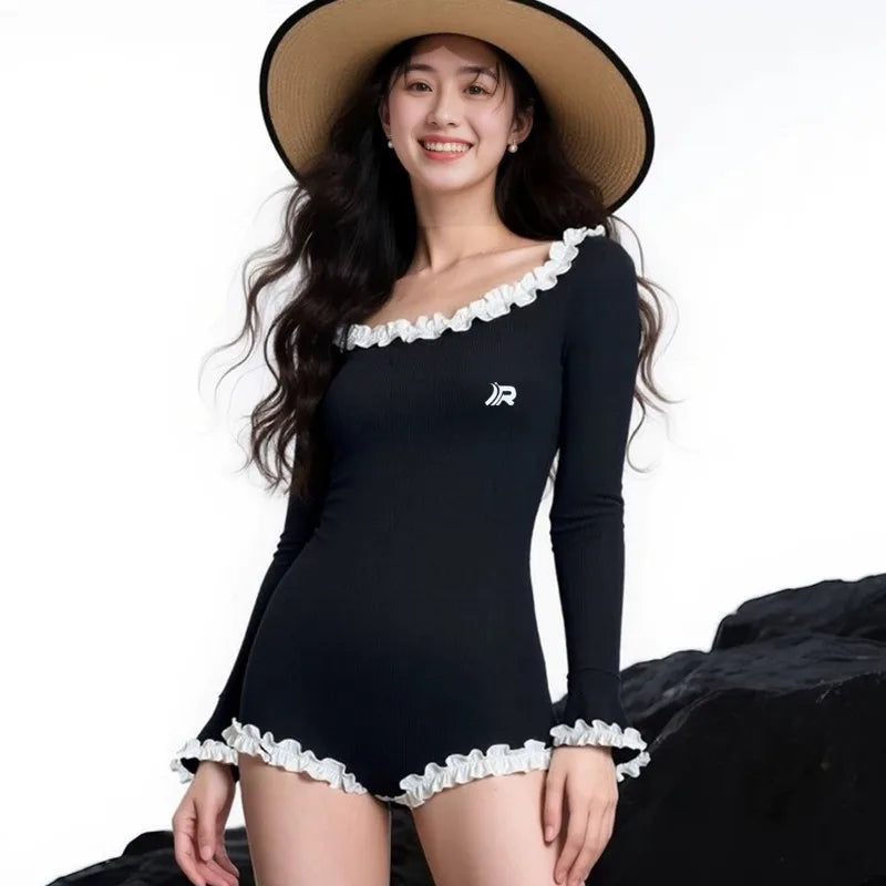 2026 New Black One Piece Swimsuit for Women Slimming Conservative Tummy Control Elegant Design Hot Springs Bathing Suit