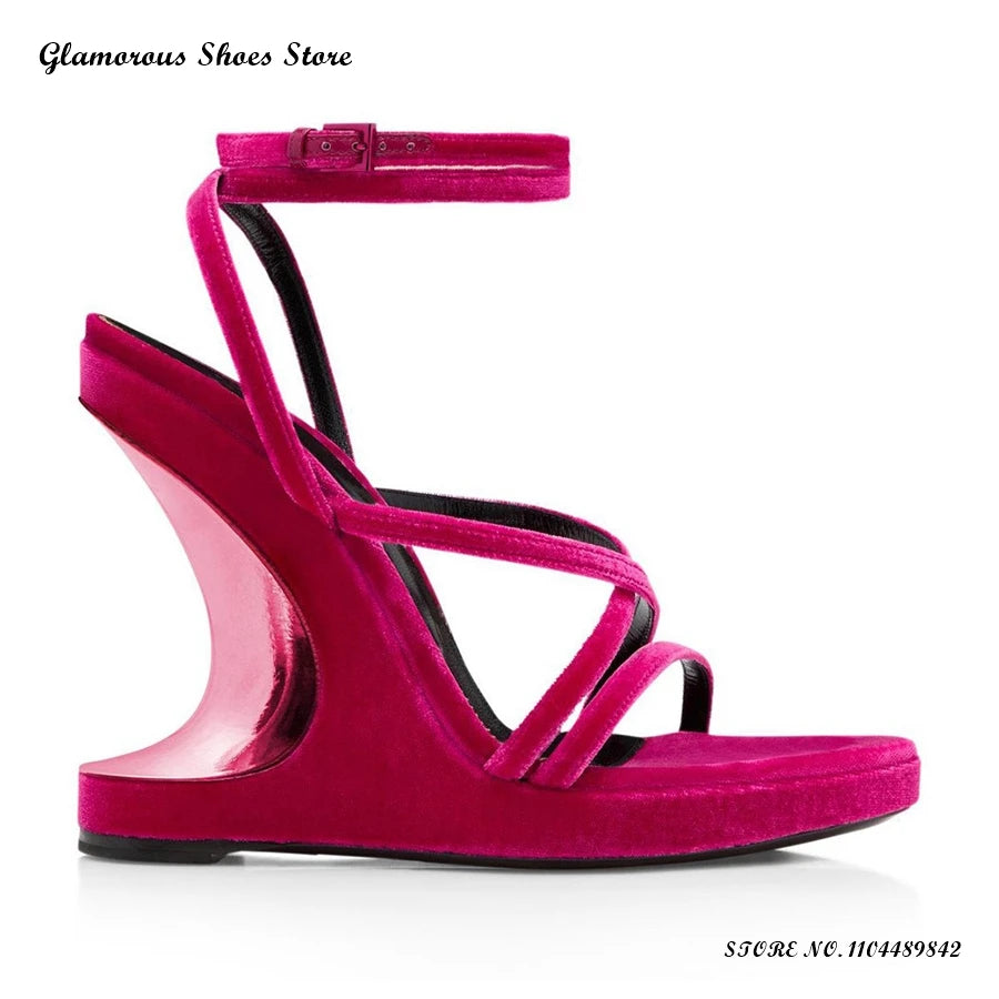 Strappy Velvet Wedges Sandals Women's Round Open Toe Wedges Party Evening Shoes Summer Fashion Buckle Strap Plus Size High Heels