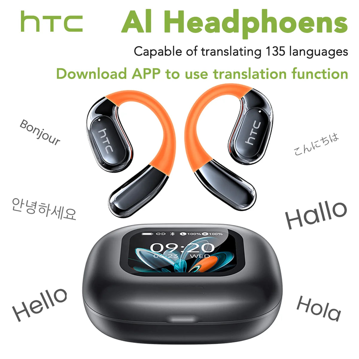 Bluetooth Wireless Headset HTC NE27 AI Real-Time Language Translator Earbuds Ear Hook Touch LCD Display ENC 2026 Choice