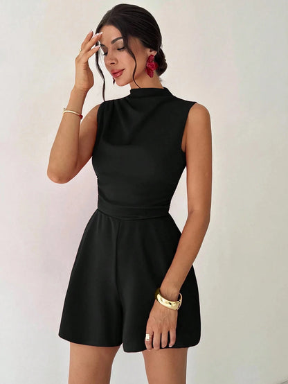 Women's Black Sleeveless Mock Neck Jumpsuit, Waist-Tie Slimming Wide Leg Shorts, Elegant Socialite Style Romper