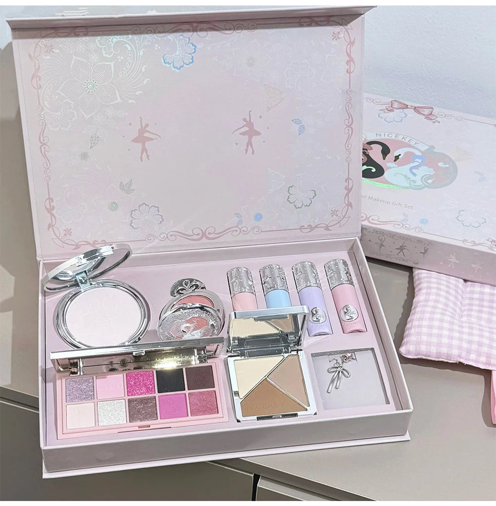 NICEKEY Makeup Kit Include 4 Matte Lipgloss,1 Face Blusher,1 Pressed Powder,1 Eyesshadow Palette,1 Contour Palette With Necklace