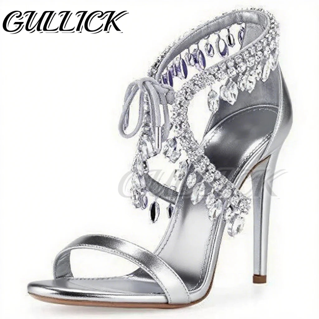 Rhinestones Heeled Sandals Crystal Heels Open Toe One Strap Women Luxury Designer Shoes Summer Elegant Sandalias De Mujer 2025