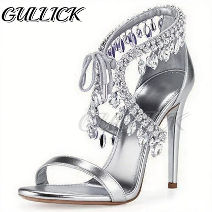 Rhinestones Heeled Sandals Crystal Heels Open Toe One Strap Women Luxury Designer Shoes Summer Elegant Sandalias De Mujer 2025
