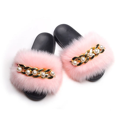 Fluffy Slippers Women Flip Flops Luxury Pearl Chain Faux Fur Slides Flat House Slippers Beach Summer Sandals Ladies Casual Shoes