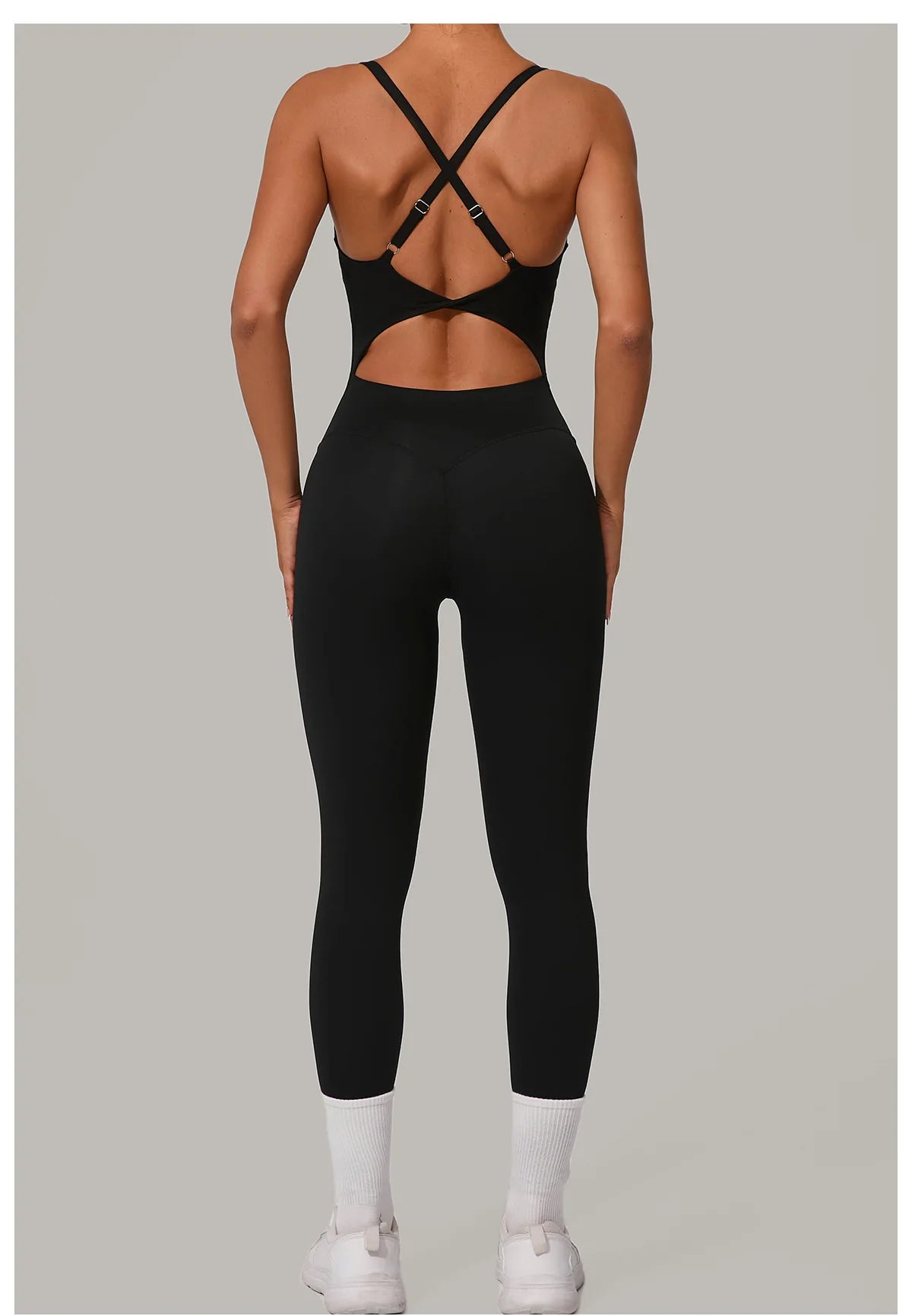 New Nylon Pad V-Neck Wrap Yoga Bodysuit - Adjustable Hook Tummy Control Butt Lift Workout Jumpsuit