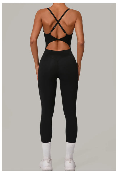 New Nylon Pad V-Neck Wrap Yoga Bodysuit - Adjustable Hook Tummy Control Butt Lift Workout Jumpsuit