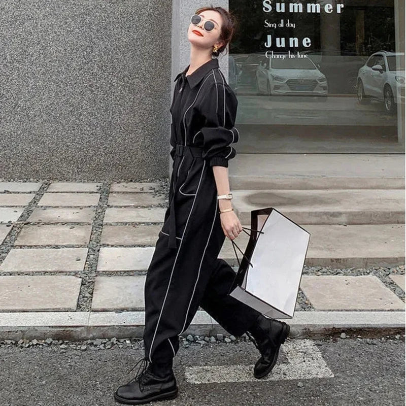 Haren Style Jumpsuit For Women Spring Autumn New Safety Reflective Strip Loose Tied Foot Rompers Set Female Casual Overalls