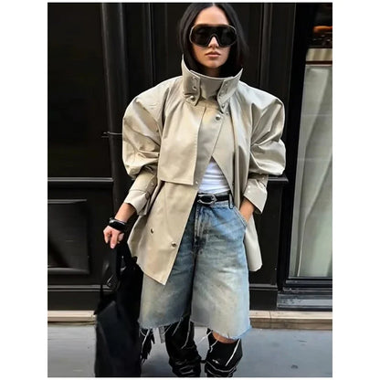 Fashion Stand Collar Short Trench Coat Women Solid Double-breasted Belt Jacket 2026 Autumn Lady Commuting Casual Outwear