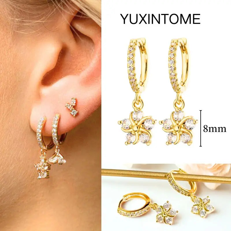 White Color Zircon Hoop Earrings 925 Sterling Silver Needle Cross/Star/Flower/Water Drop Pendant Gold Earrings Luxury Jewelry