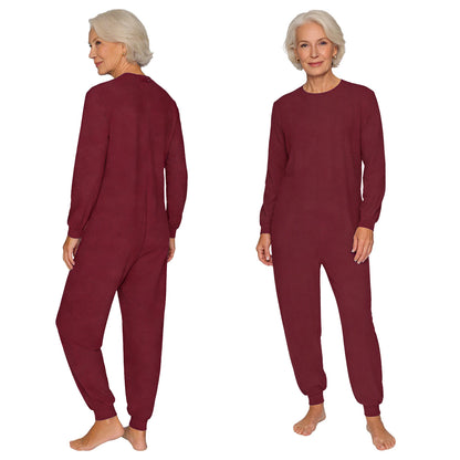 Adult Unisex Elderly Anti-Strip Adaptive Jumpsuit Solid Color Crew Neck Long Sleeve Back Zipper Rompers Special Needs Clothing