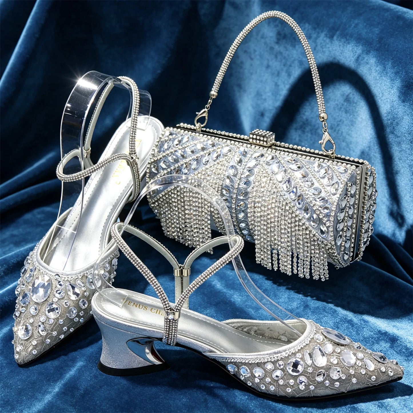 Women Purple Rhinestone Shoes Matching Bag Set Italian Design Chunky Heel Pumps Tassel Clutch Purse Nigeria Wedding Party Dress