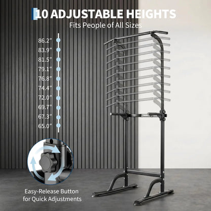 Power Tower Pull Up Dip Station 10 Level Adjustable Height 330 LBS Capacity Heavy Duty Steel Frame Multi Function Home Gym Strength Training Equipment For Full Body Workout
