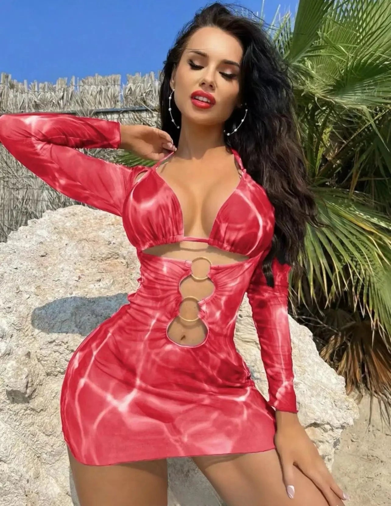 3 Piece Bikini Set Women Swimsuit Halter Cutout Metal Ring Mesh Cover Up Beach Dress Swimwear Bathing Suit