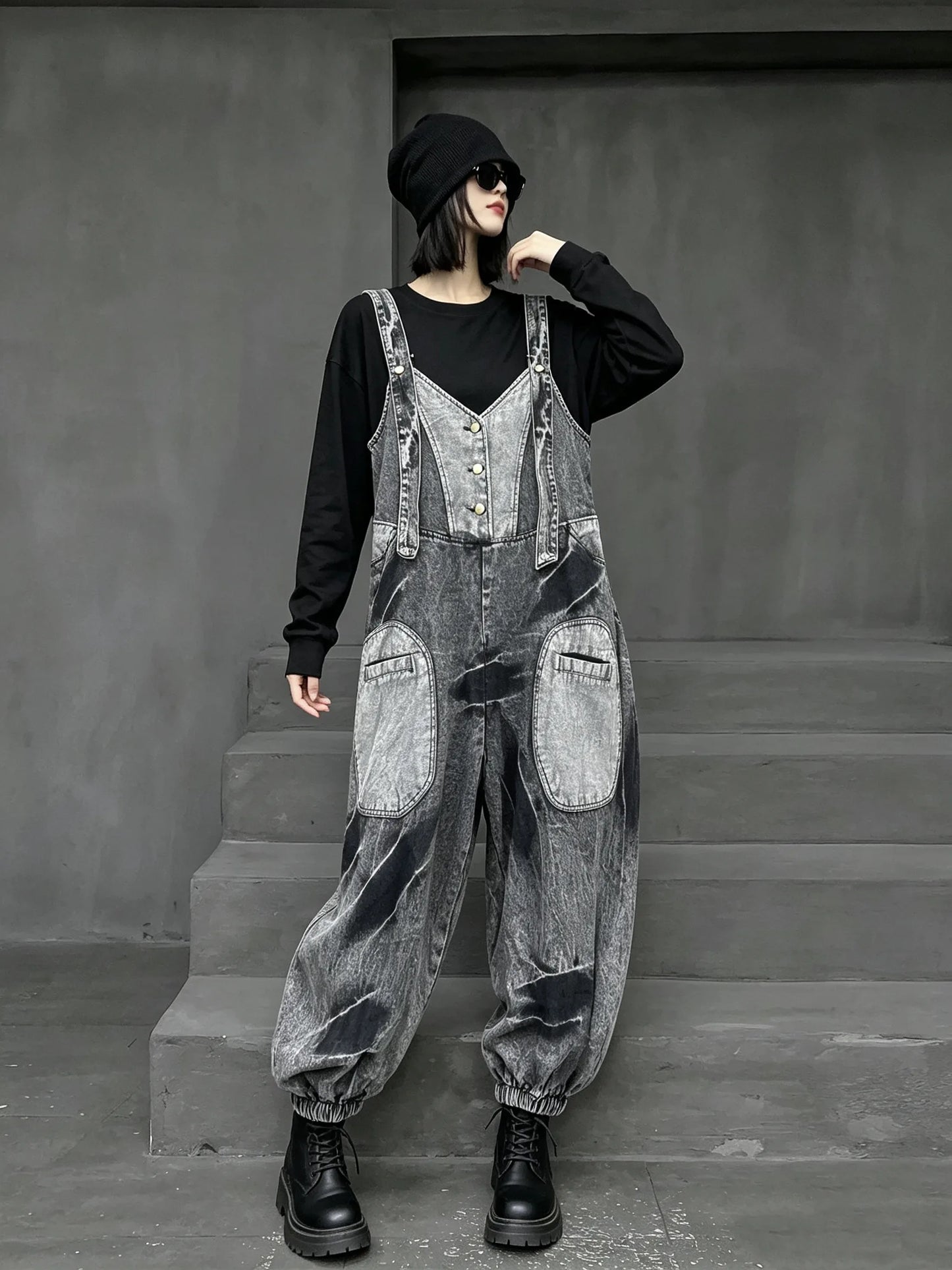 Unique Trendy Cool Distressed Color-blocked Denim Overalls Women Loose Plus-size Stylish One-piece Lantern Pants Autumn LX6298