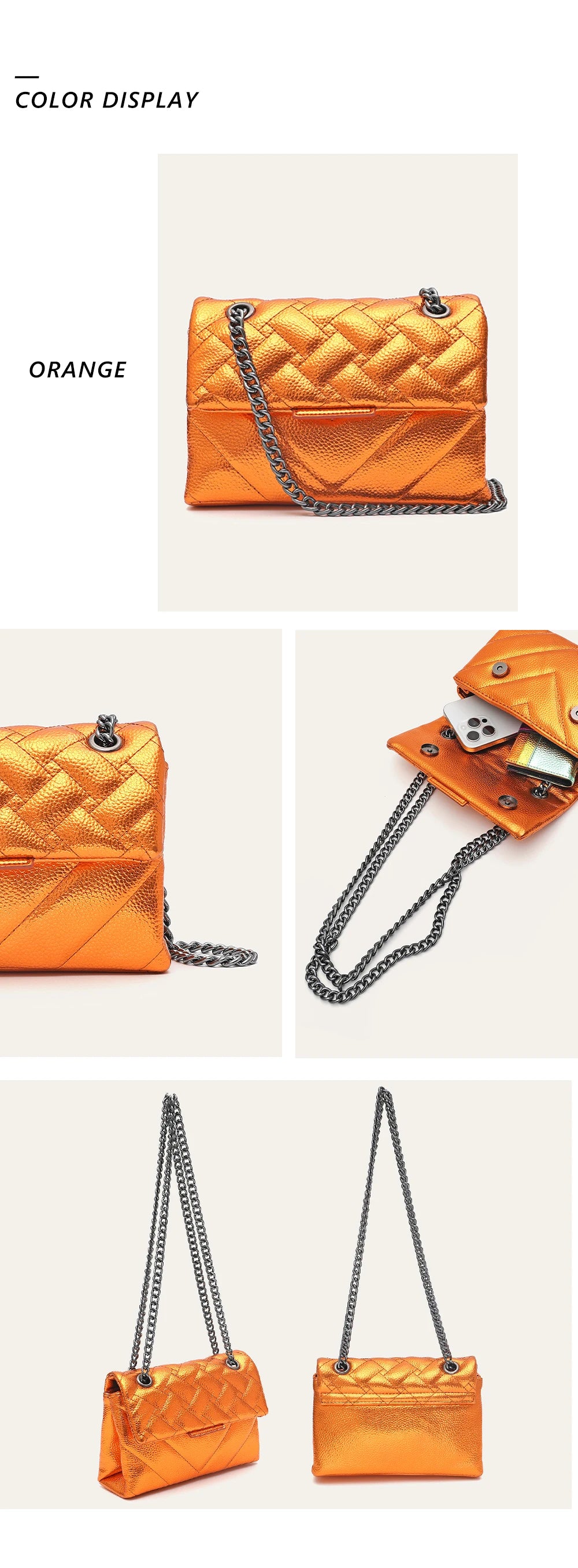 Women Fashion Metallic PU Vegan Leather Handbag Luxury Quilted Flap Messenger Shoulder Bag Long Chain Purse Daily Casual Travel