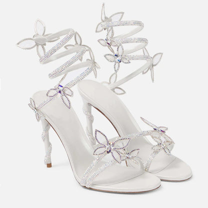 Luxury Crystal Embellished Butterfly Detail Women Sandals Sexy Coiled Strap Thin High heels Gladiator sandals Summer Party Shoes