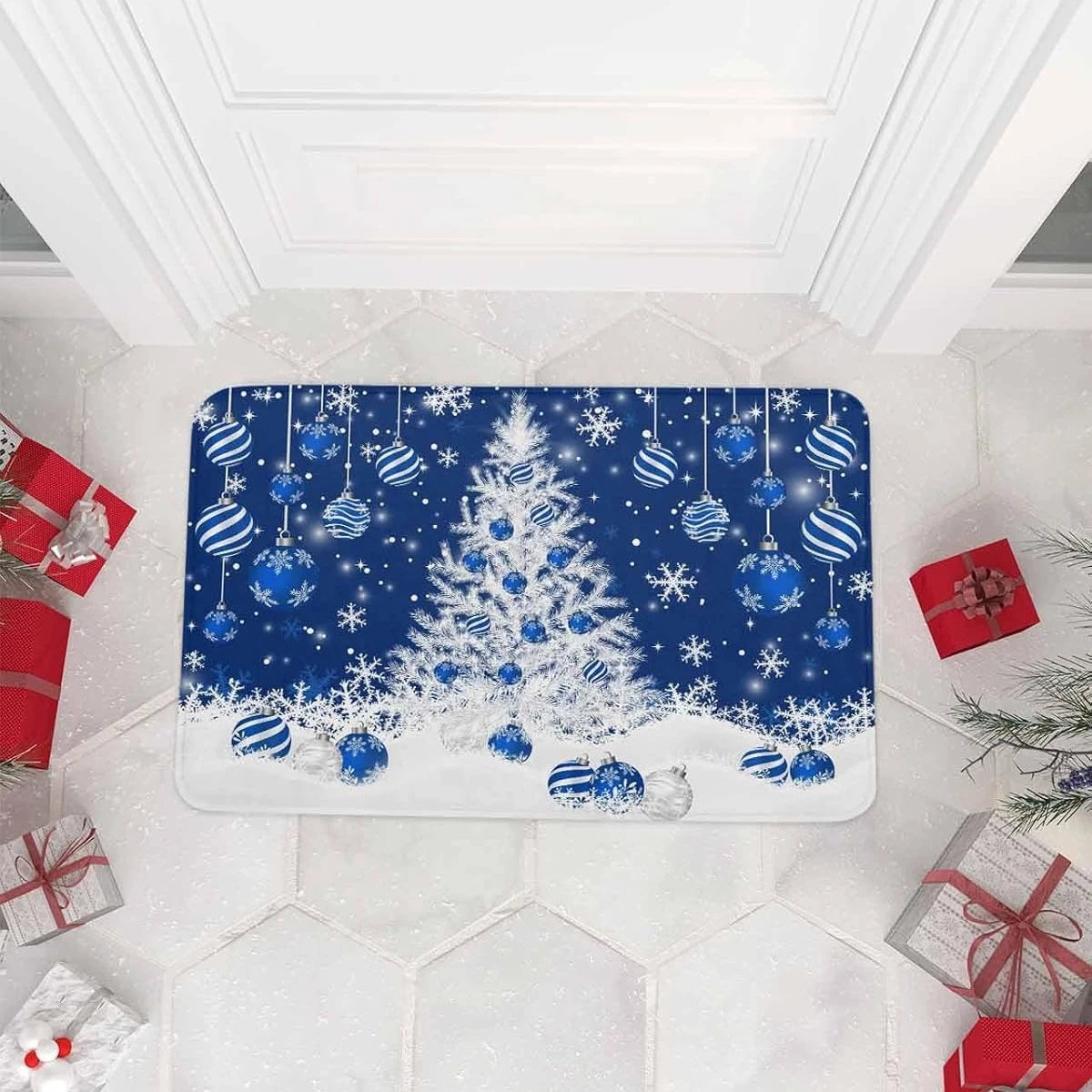 Merry Christmas Tree Snowflake Ball Navy Blue Non-slip Door Mat  Entrance Welcome Mat Balcony Hallway Rugs Christmas Decorations